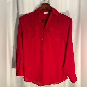 New York & Company red collar long sleeve blouse w/breast pockets size Xsmall